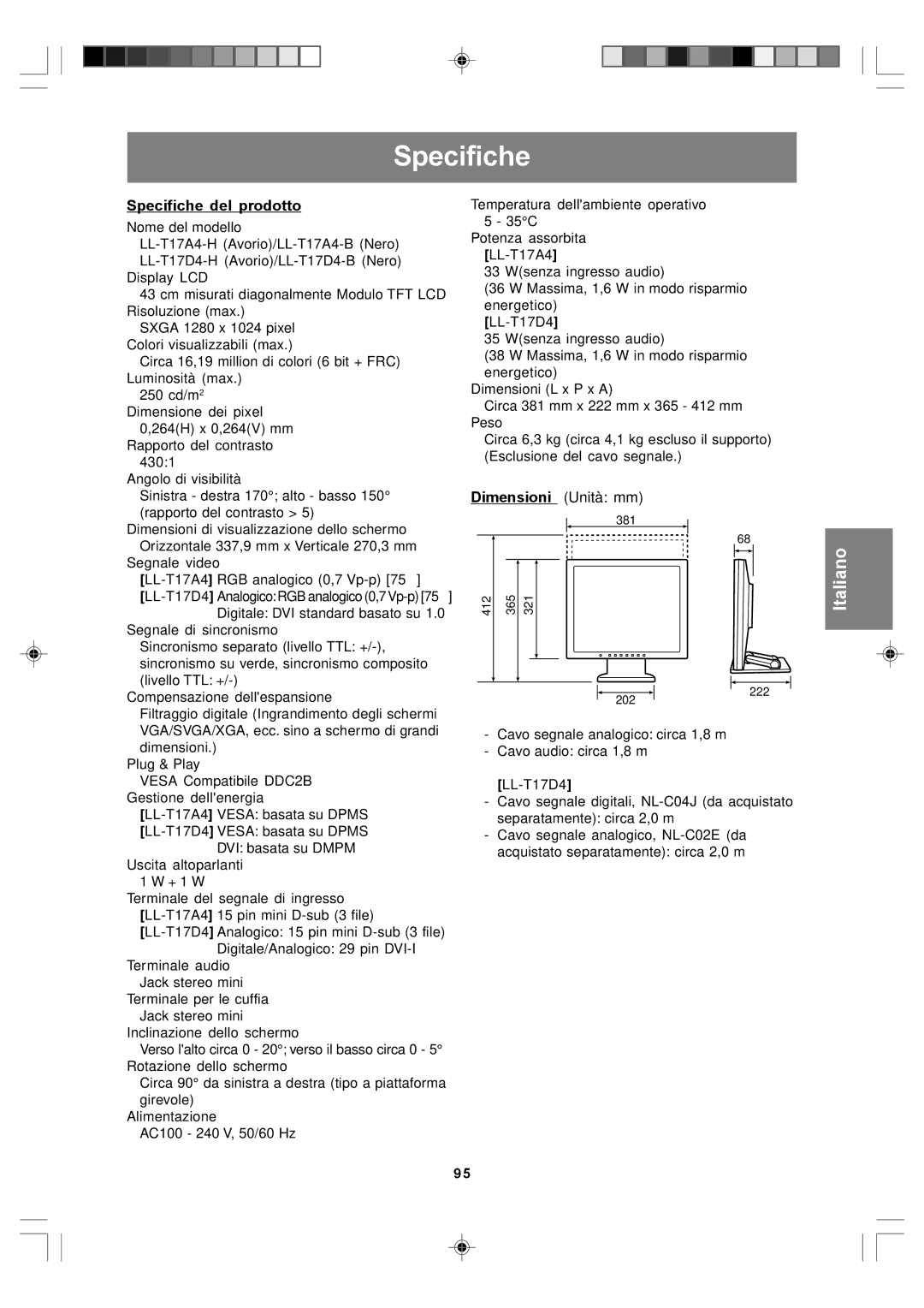 Sharp LL-T17D4, LL-T17A4 operation manual Specifiche del prodotto 