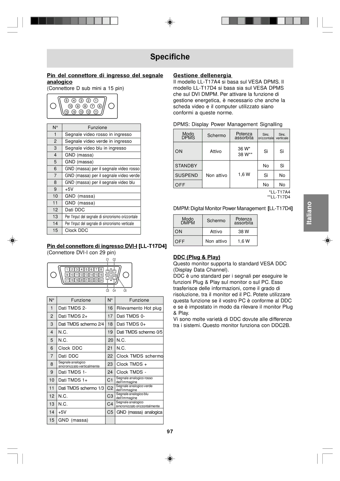 Sharp LL-T17D4, LL-T17A4 operation manual Pin del connettore di ingresso del segnale analogico, Gestione dellenergia 