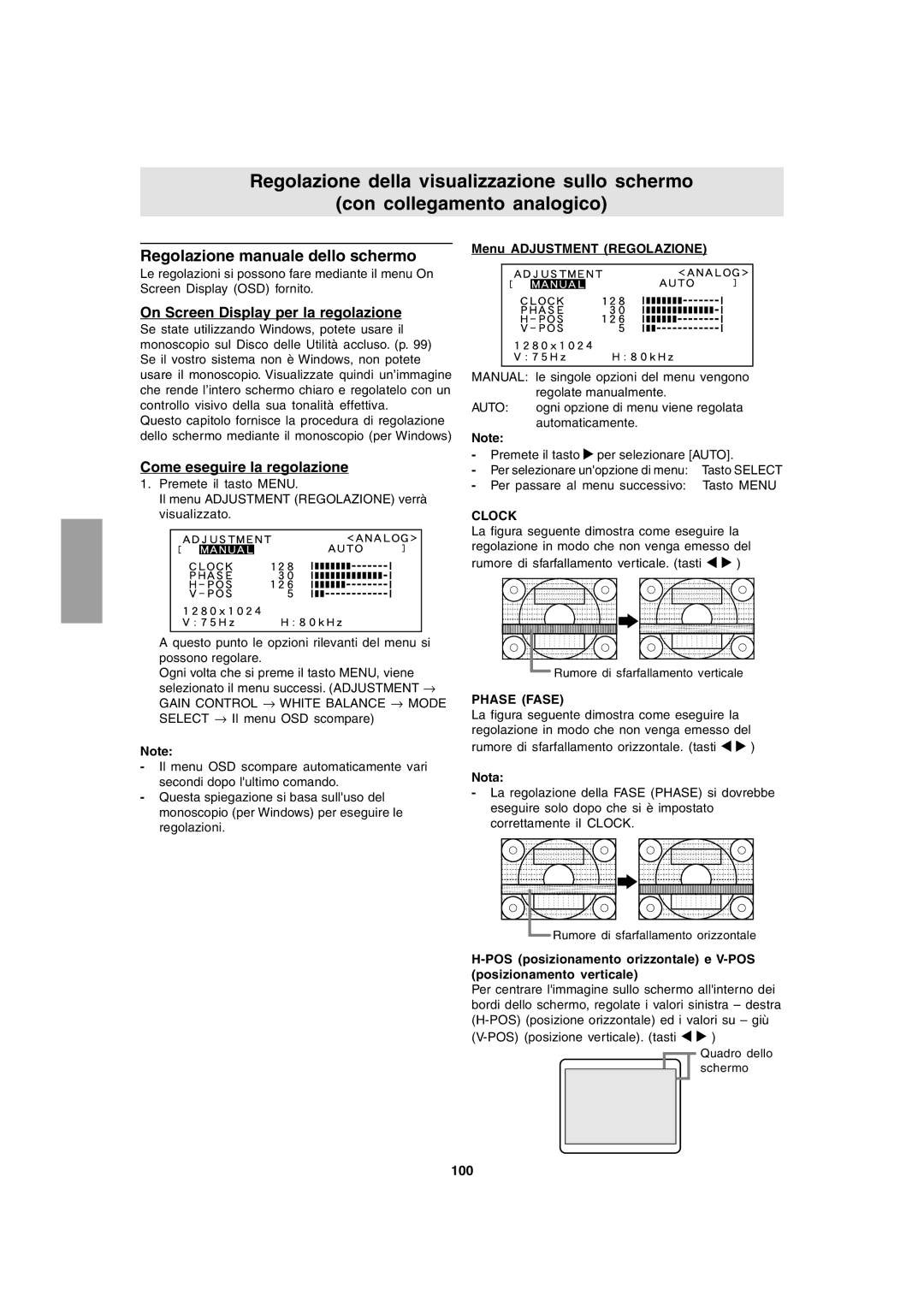 Sharp LL-T1803-H Regolazione manuale dello schermo, On Screen Display per la regolazione, Menu Adjustment Regolazione, 100 