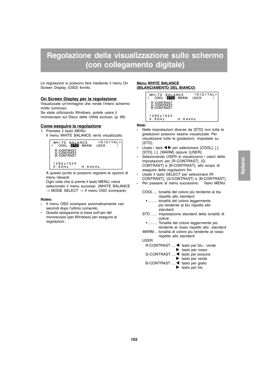 Sharp LL-T1803-H operation manual Bilanciamento DEL Bianco, 103 