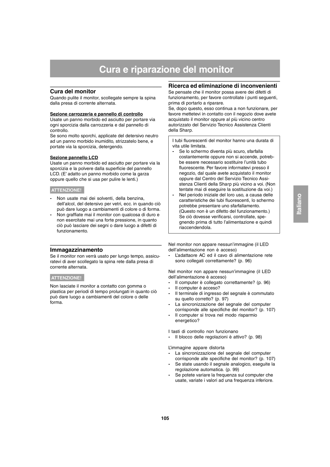 Sharp LL-T1803-H operation manual Cura e riparazione del monitor, Cura del monitor, Immagazzinamento 