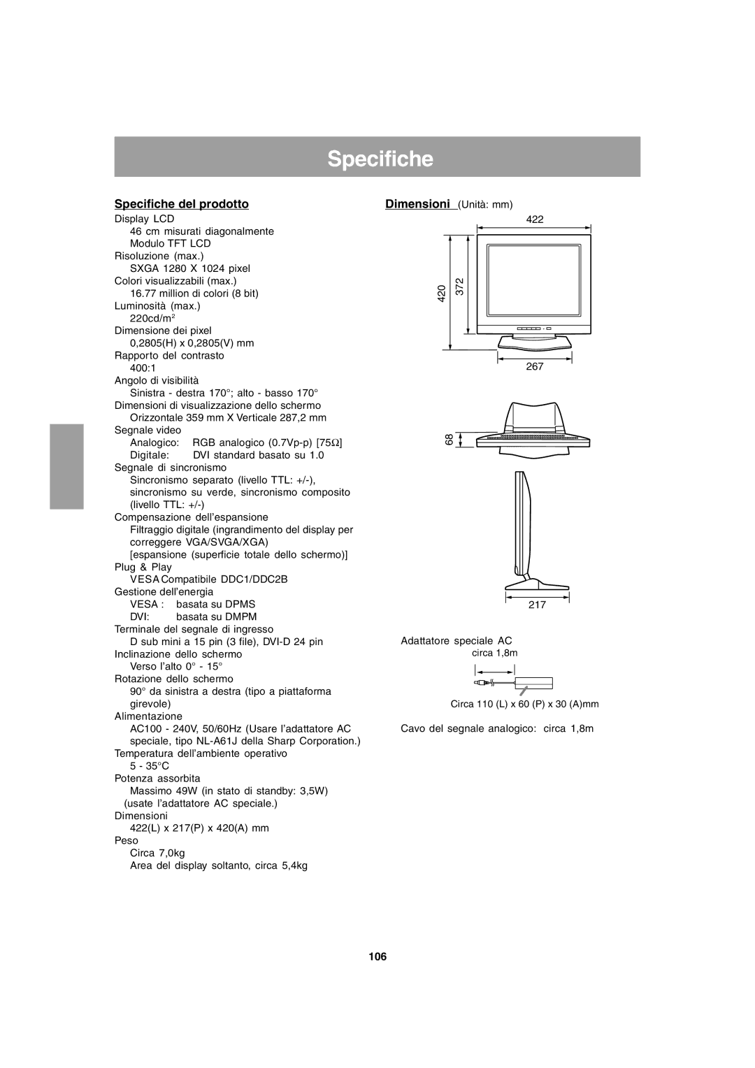 Sharp LL-T1803-H operation manual Specifiche del prodotto, 106 