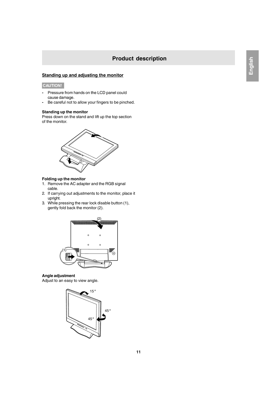 Sharp LL-T1803-H Product description, Standing up and adjusting the monitor, Standing up the monitor, Angle adjustment 