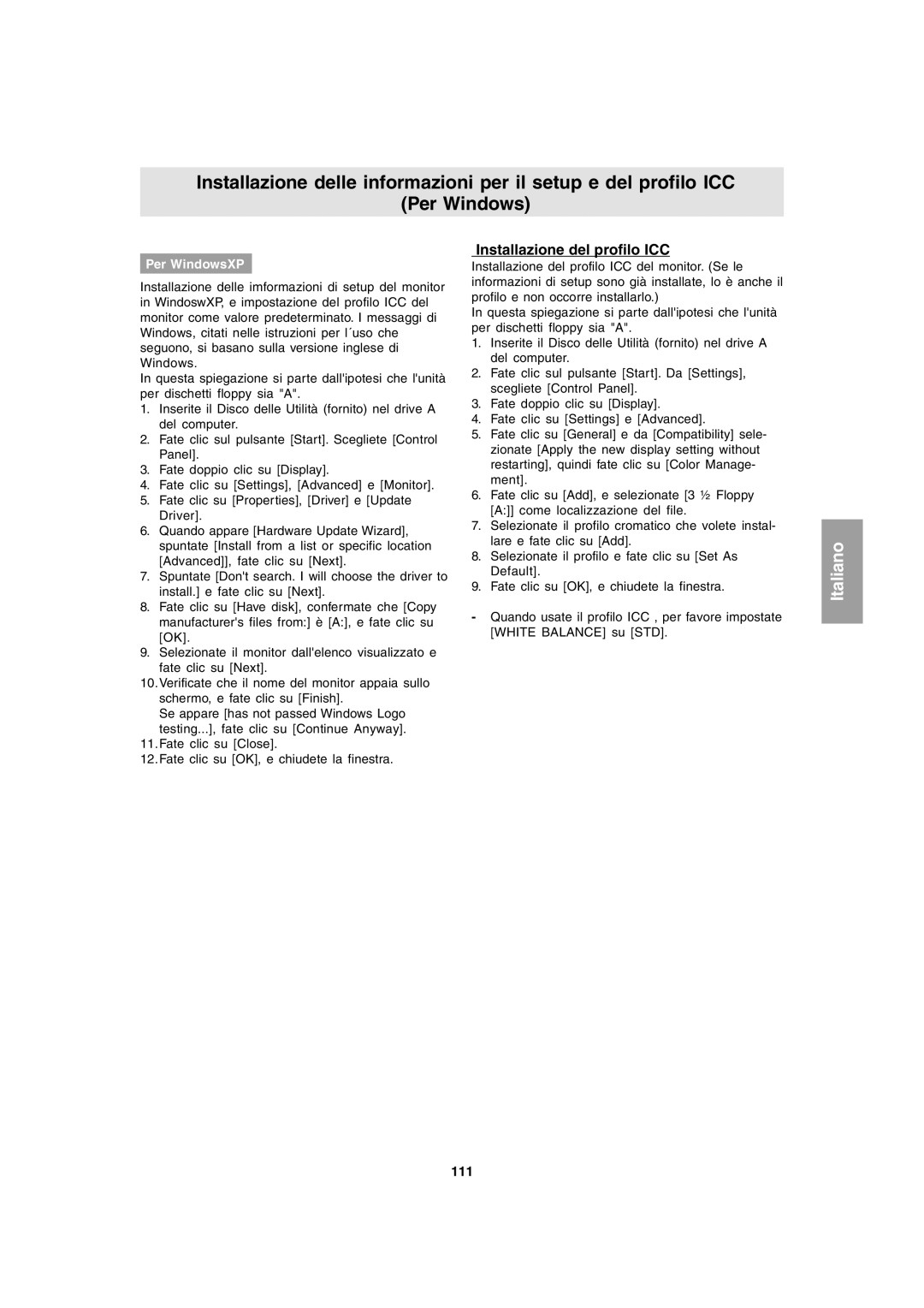 Sharp LL-T1803-H operation manual Installazione del profilo ICC, Per WindowsXP, 111 