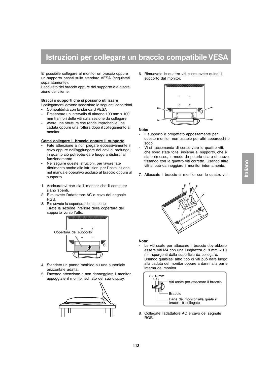 Sharp LL-T1803-H Bracci o supporti che si possono utilizzare, Come collegare il braccio oppure il supporto, 113 