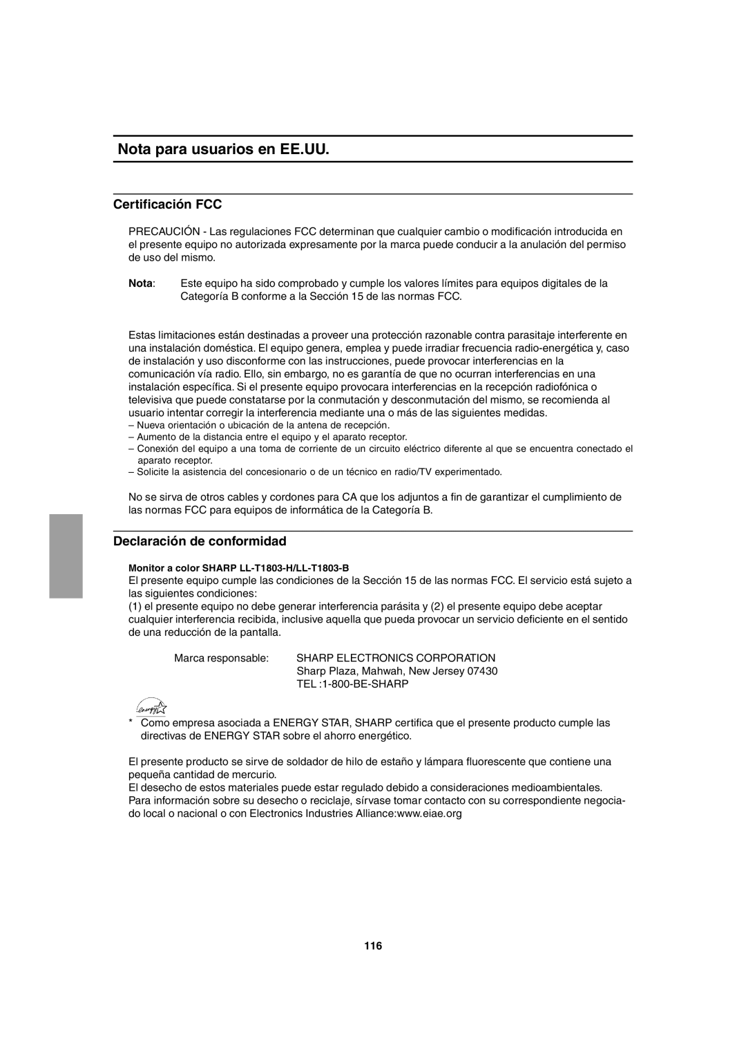 Sharp LL-T1803-H operation manual Nota para usuarios en EE.UU, Certificación FCC, Declaración de conformidad, 116 