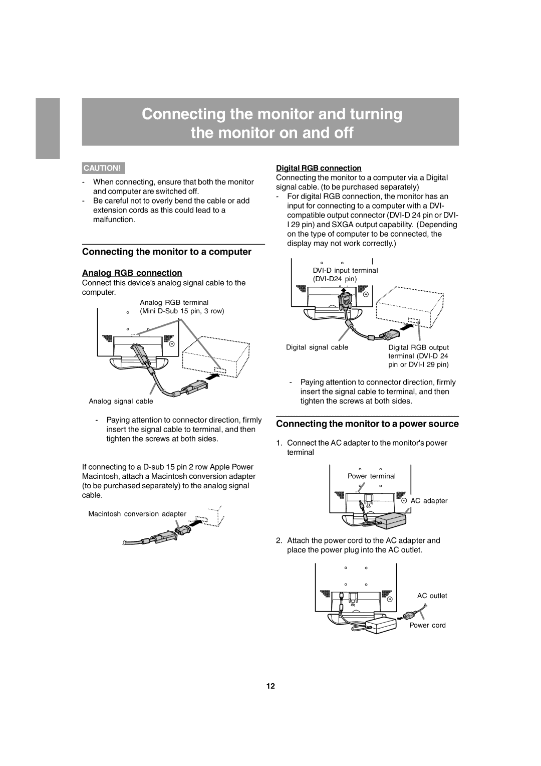 Sharp LL-T1803-H Connecting the monitor and turning Monitor on and off, Connecting the monitor to a computer 