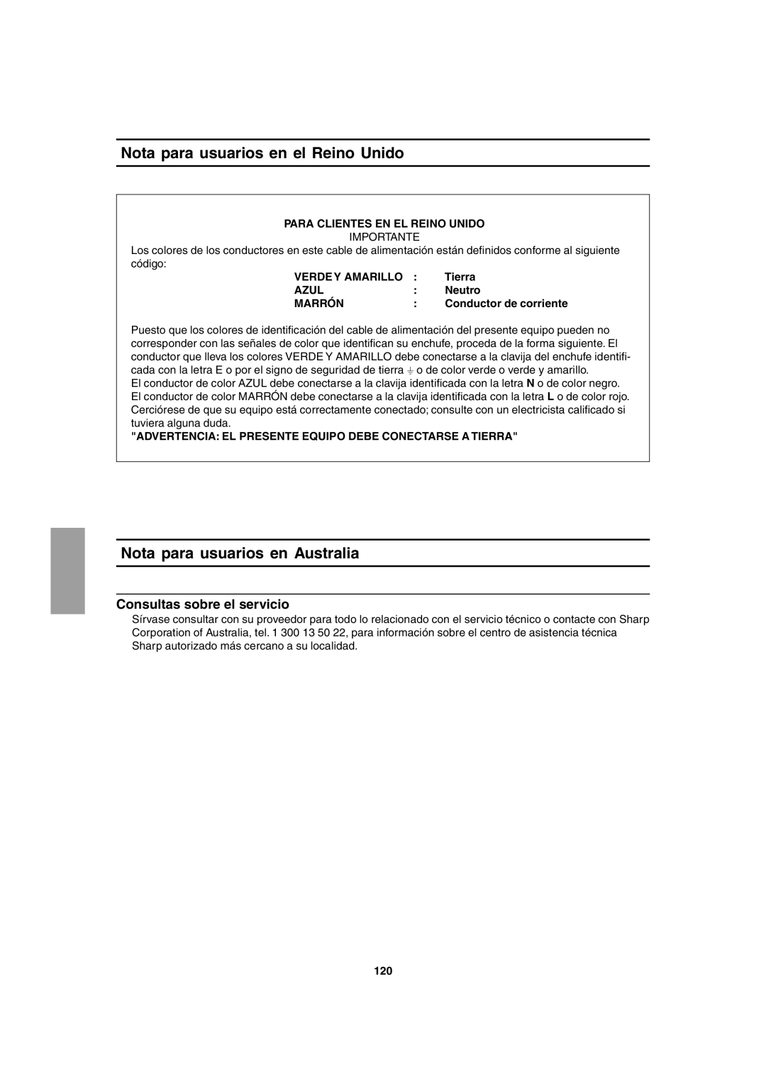 Sharp LL-T1803-H Nota para usuarios en el Reino Unido, Nota para usuarios en Australia, Consultas sobre el servicio 