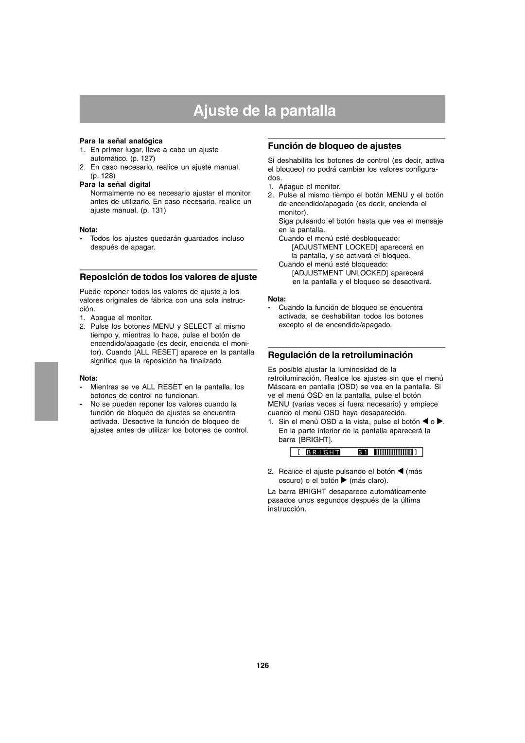 Sharp LL-T1803-H operation manual Ajuste de la pantalla, Función de bloqueo de ajustes, Regulación de la retroiluminación 