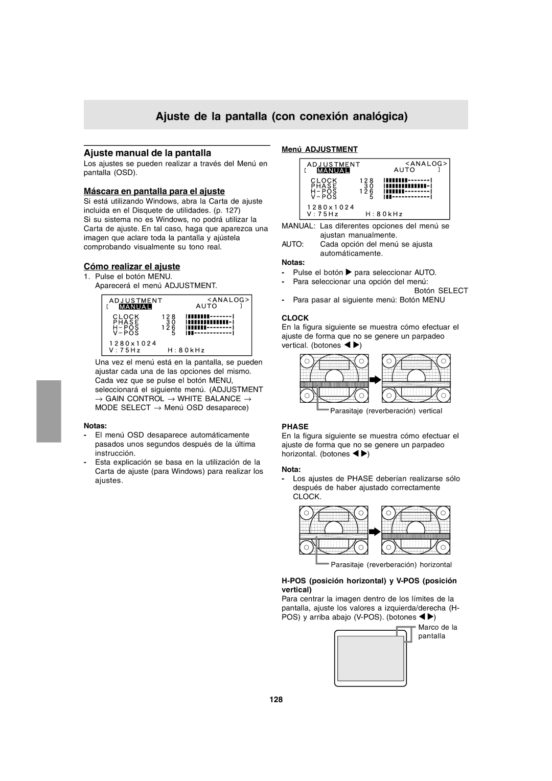 Sharp LL-T1803-H operation manual Ajuste de la pantalla con conexión analógica, Ajuste manual de la pantalla 