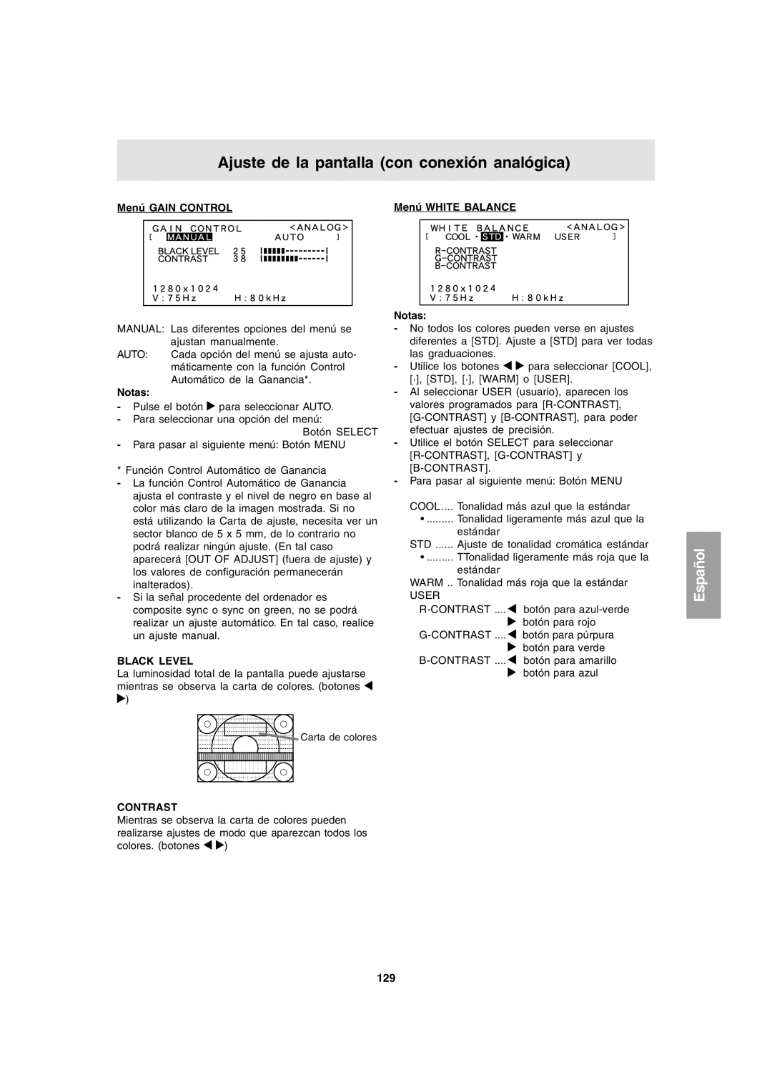 Sharp LL-T1803-H operation manual Menú Gain Control Menú White Balance, 129 