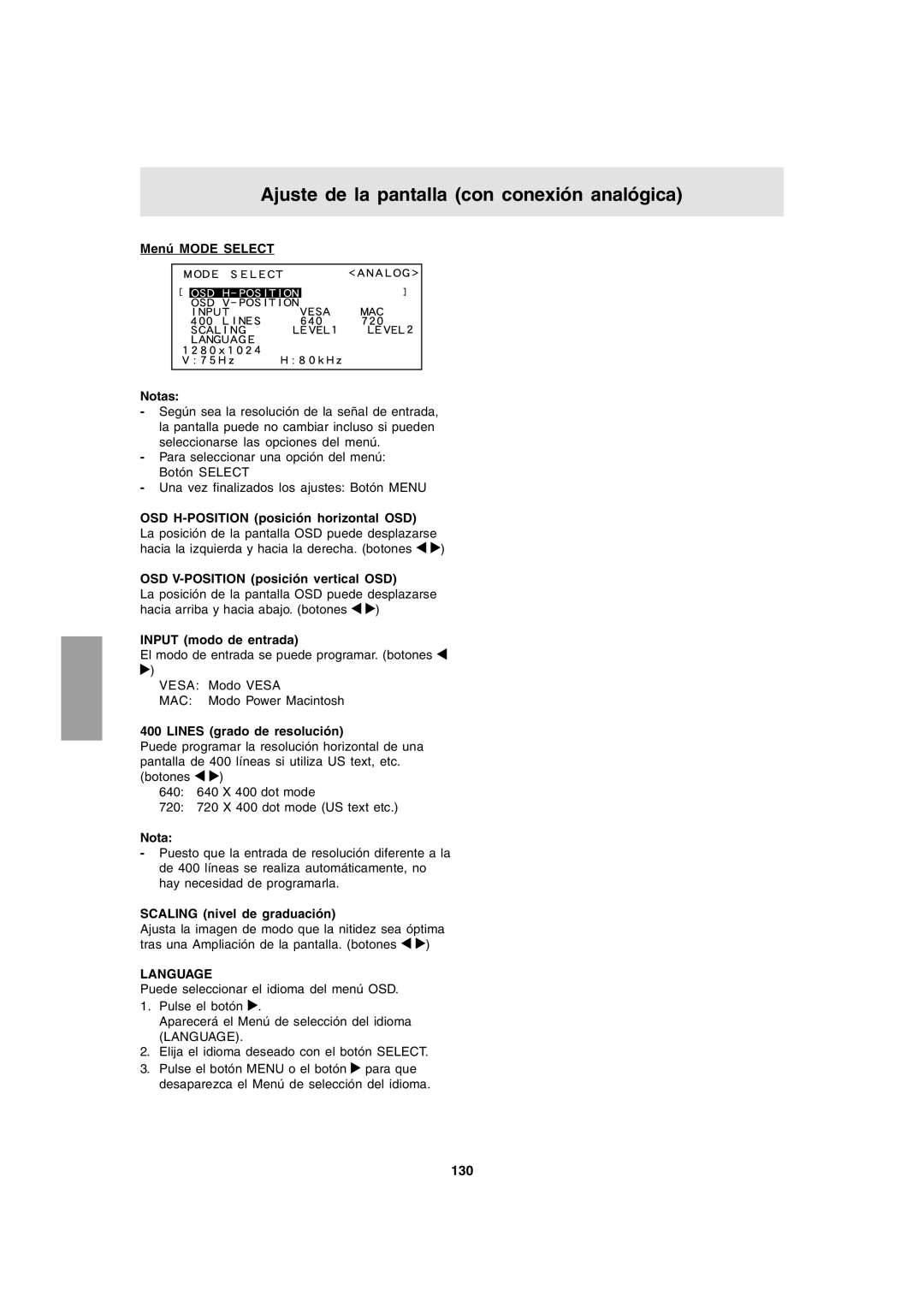 Sharp LL-T1803-H Menú Mode Select Notas, OSD H-POSITION posición horizontal OSD, OSD V-POSITION posición vertical OSD, 130 