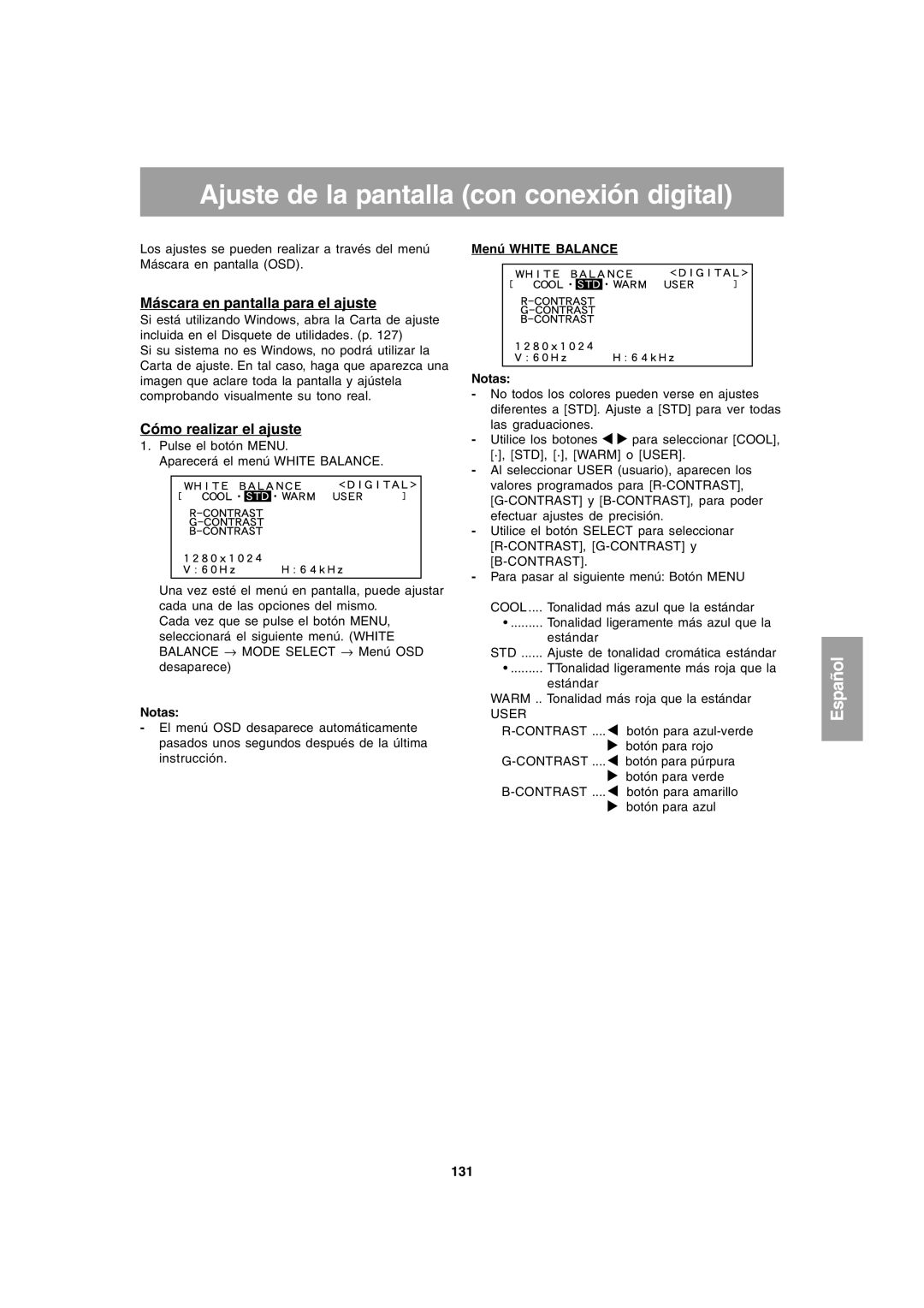 Sharp LL-T1803-H operation manual Ajuste de la pantalla con conexión digital, 131 