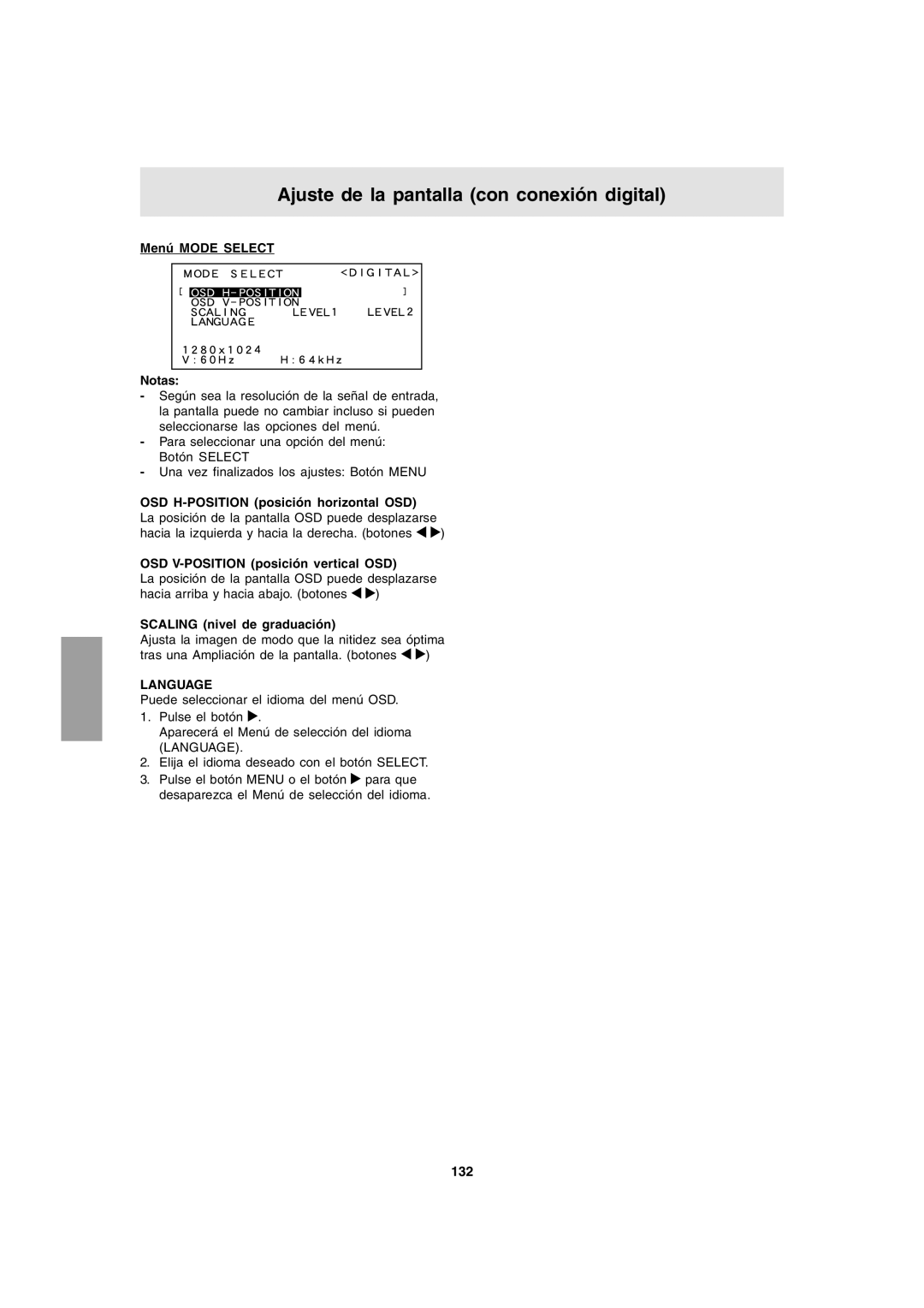 Sharp LL-T1803-H operation manual Ajuste de la pantalla con conexión digital, 132 