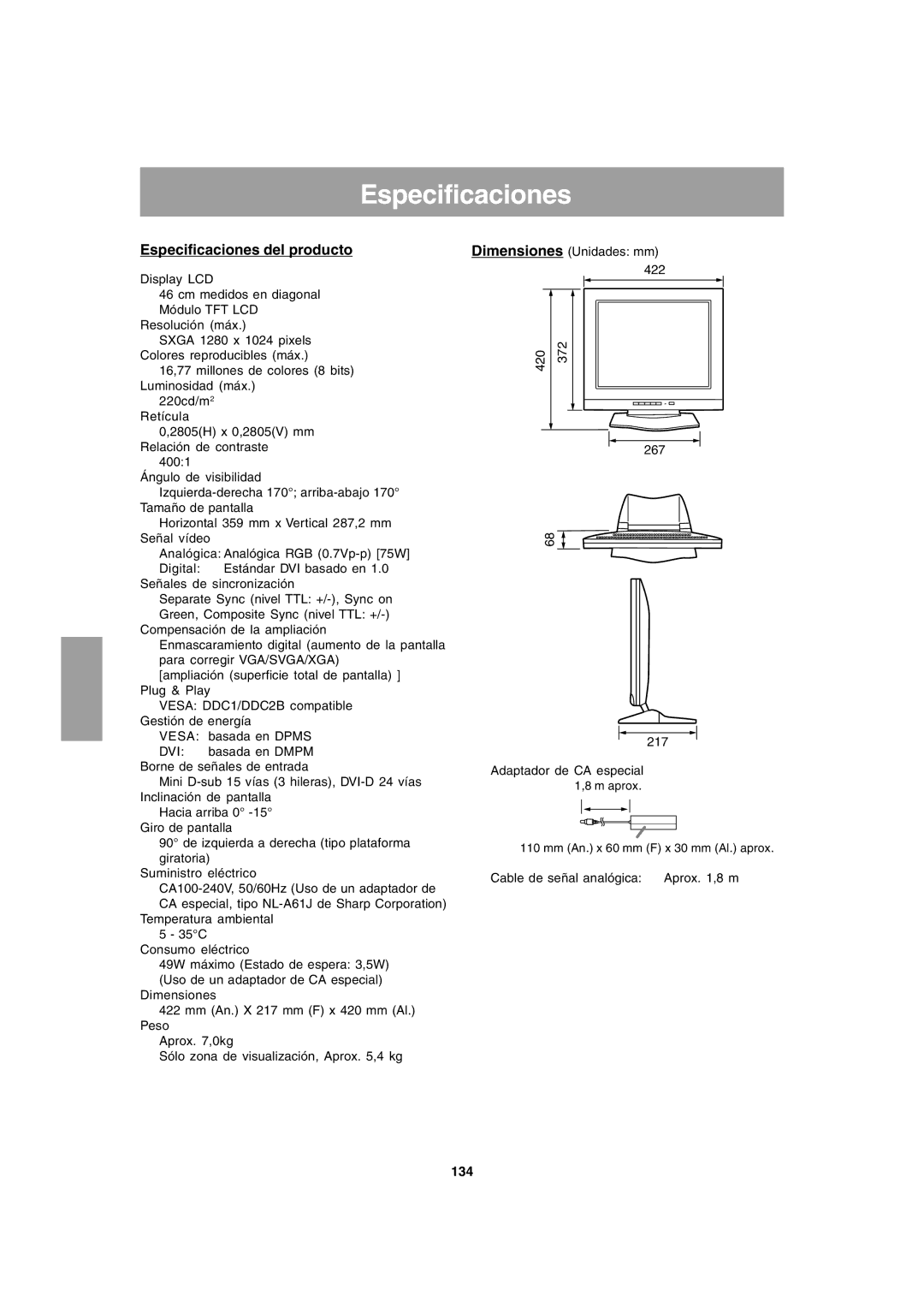 Sharp LL-T1803-H operation manual Especificaciones del producto, 134 