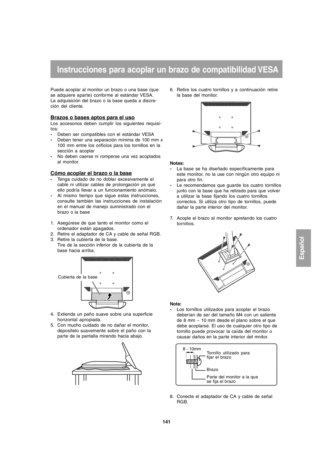 Sharp LL-T1803-H operation manual Brazos o bases aptos para el uso, Cómo acoplar el brazo o la base, 141 