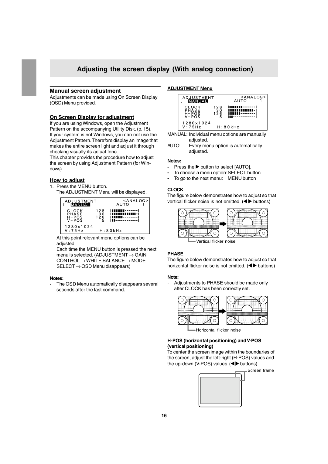 Sharp LL-T1803-H Adjusting the screen display With analog connection, Manual screen adjustment, Clock, Phase 