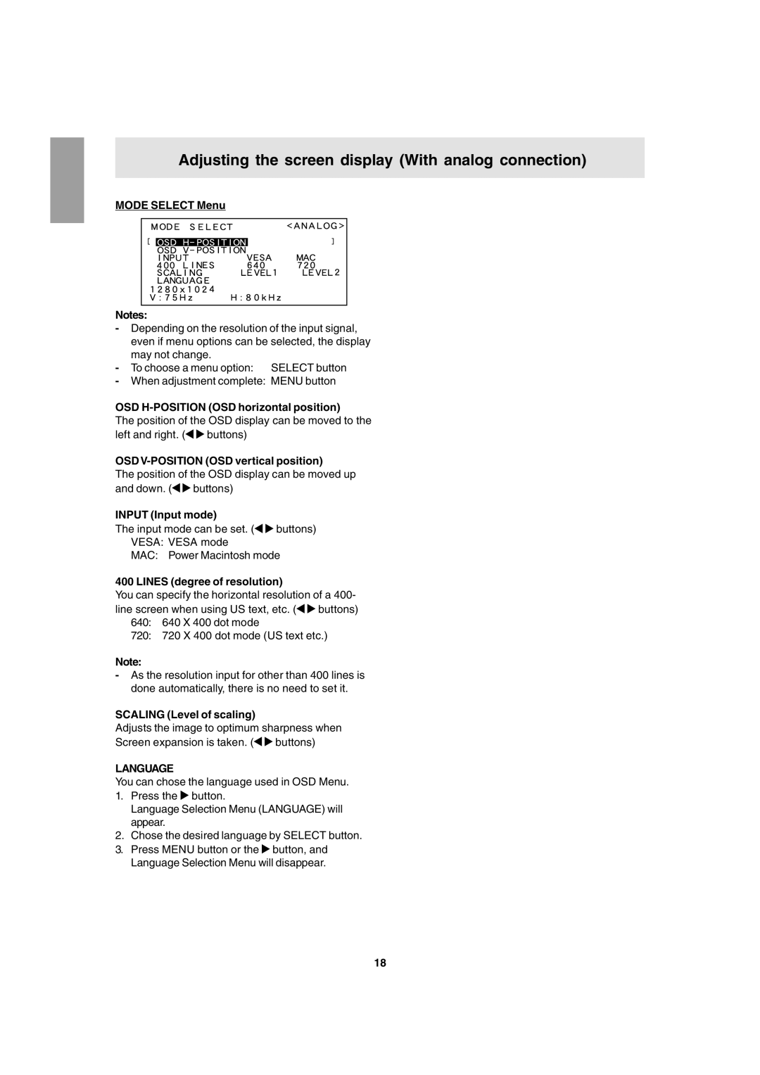 Sharp LL-T1803-H operation manual Language 