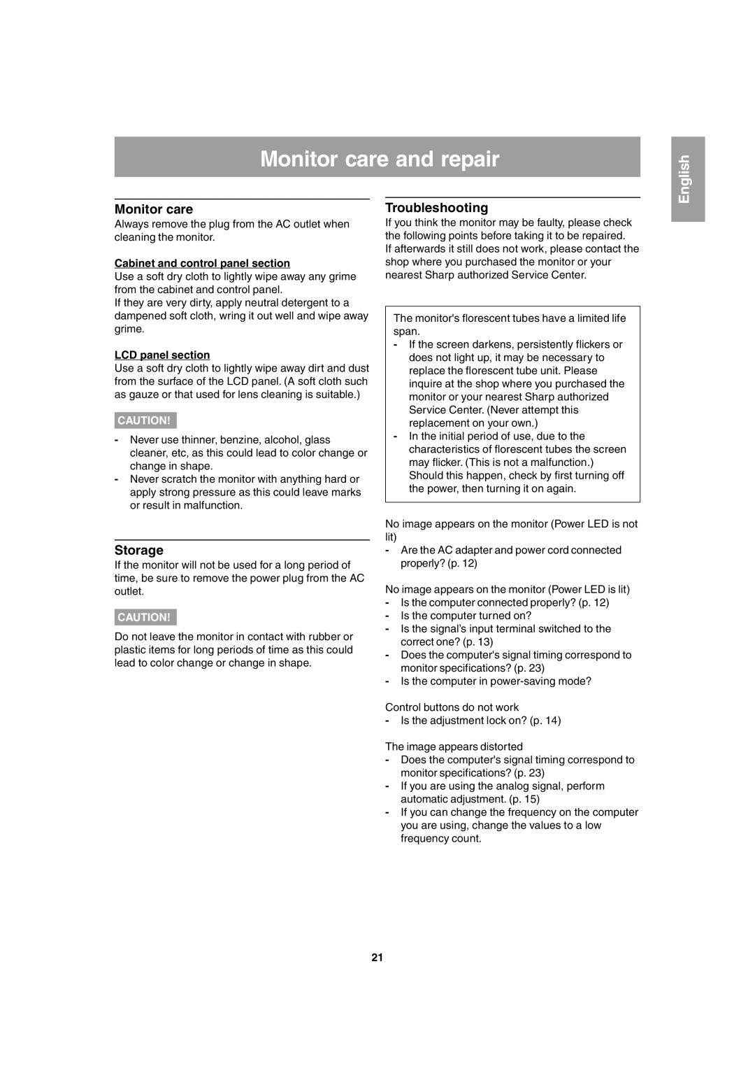 Sharp LL-T1803-H operation manual Monitor care and repair, Storage, Troubleshooting 