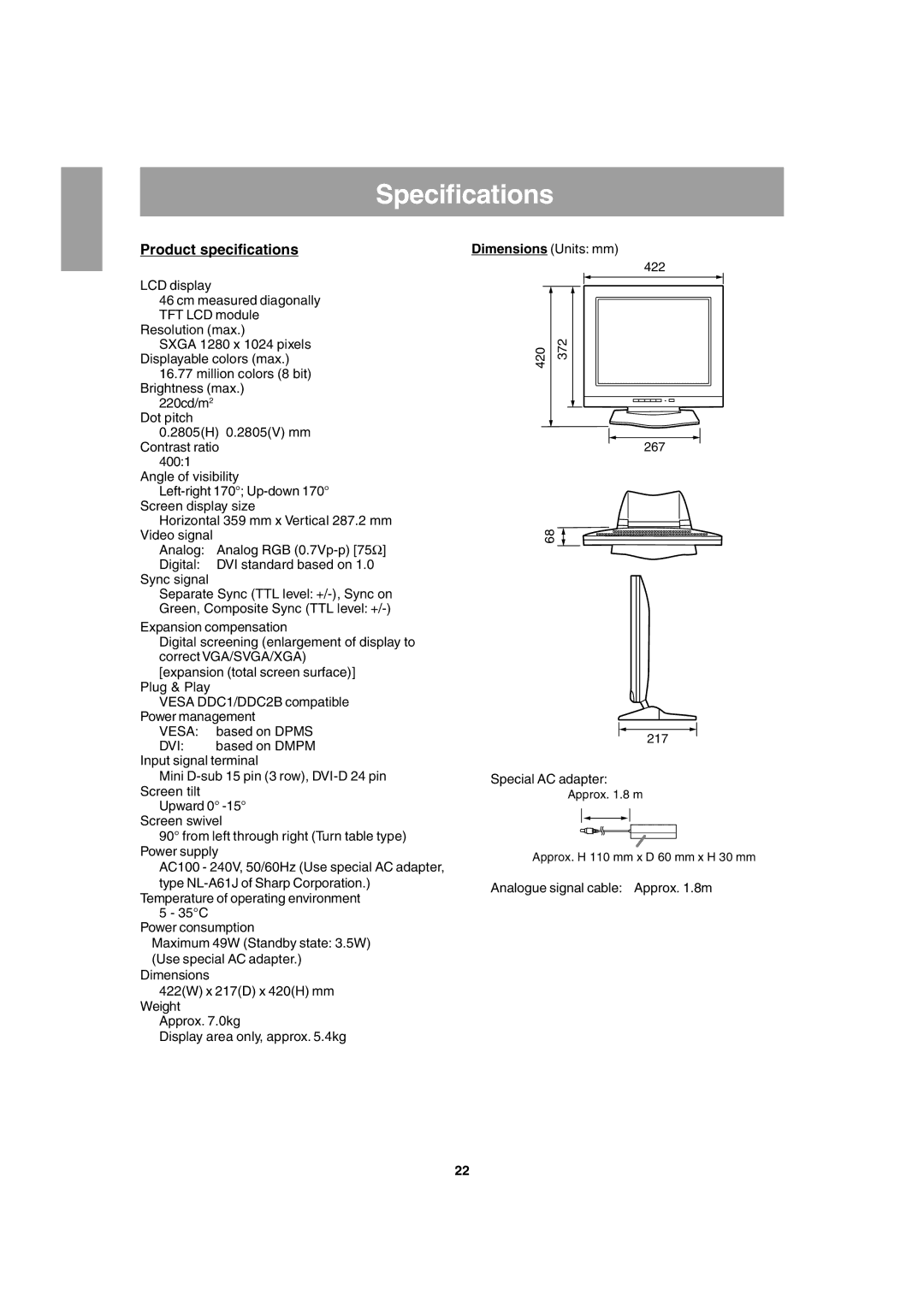 Sharp LL-T1803-H operation manual Specifications, Product specifications 