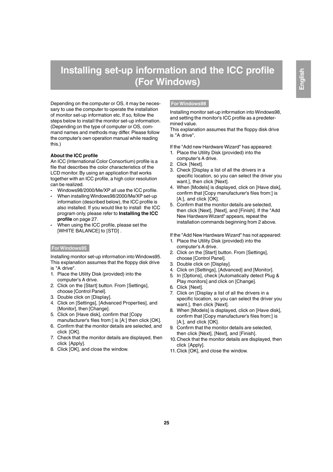 Sharp LL-T1803-H operation manual About the ICC profile, For Windows95, For Windows98 