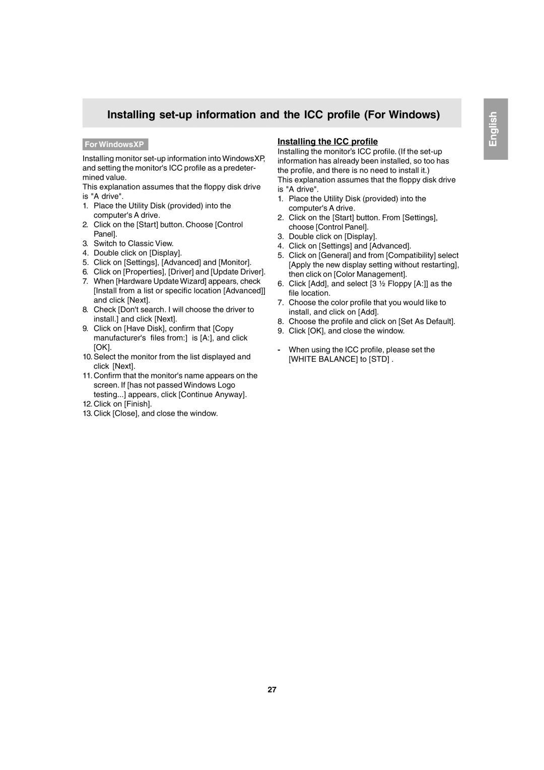 Sharp LL-T1803-H operation manual Installing the ICC profile, For WindowsXP 