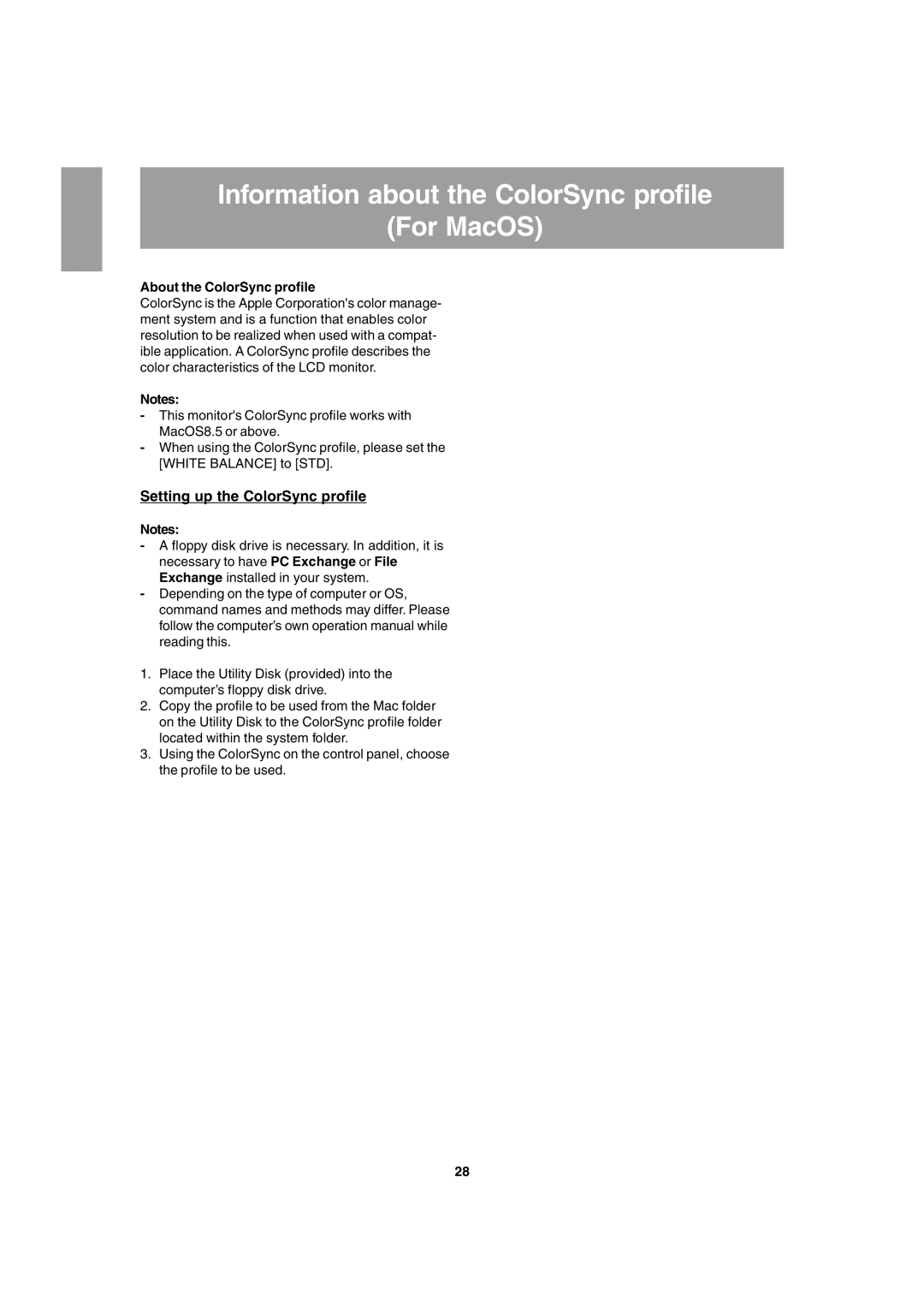 Sharp LL-T1803-H operation manual Information about the ColorSync profile For MacOS, Setting up the ColorSync profile 