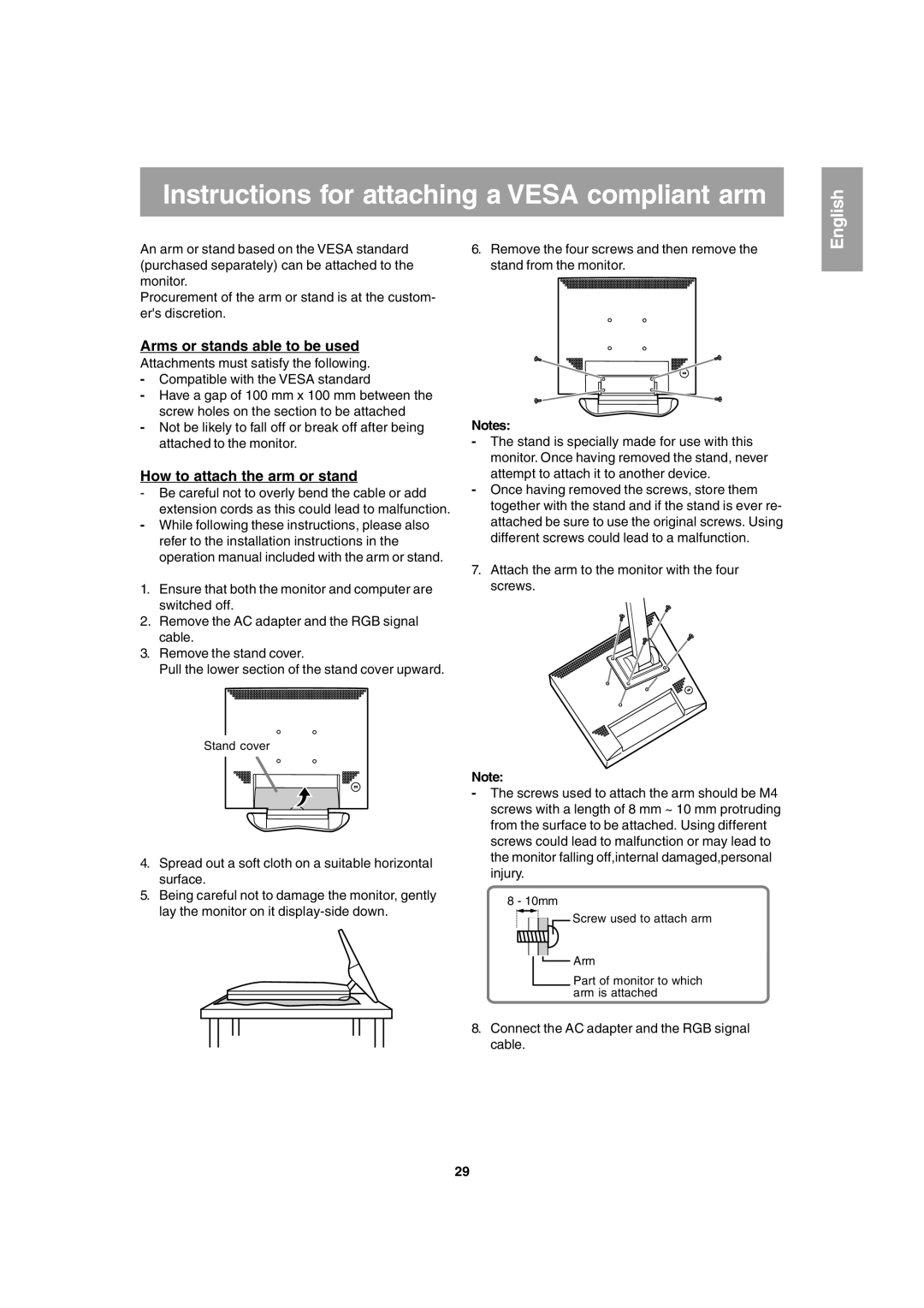 Sharp LL-T1803-H operation manual Instructions for attaching a Vesa compliant arm, Arms or stands able to be used 