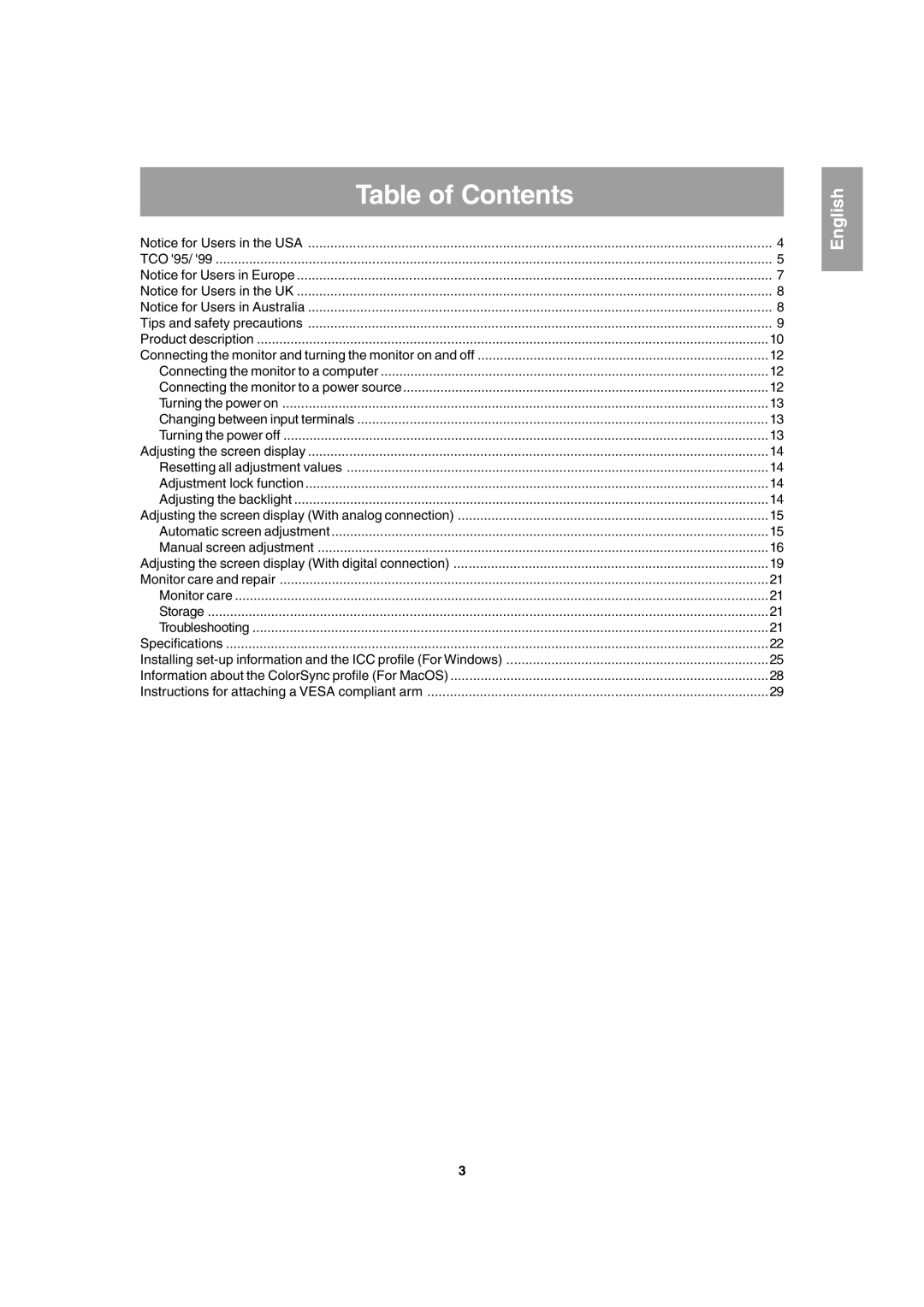 Sharp LL-T1803-H operation manual Table of Contents 