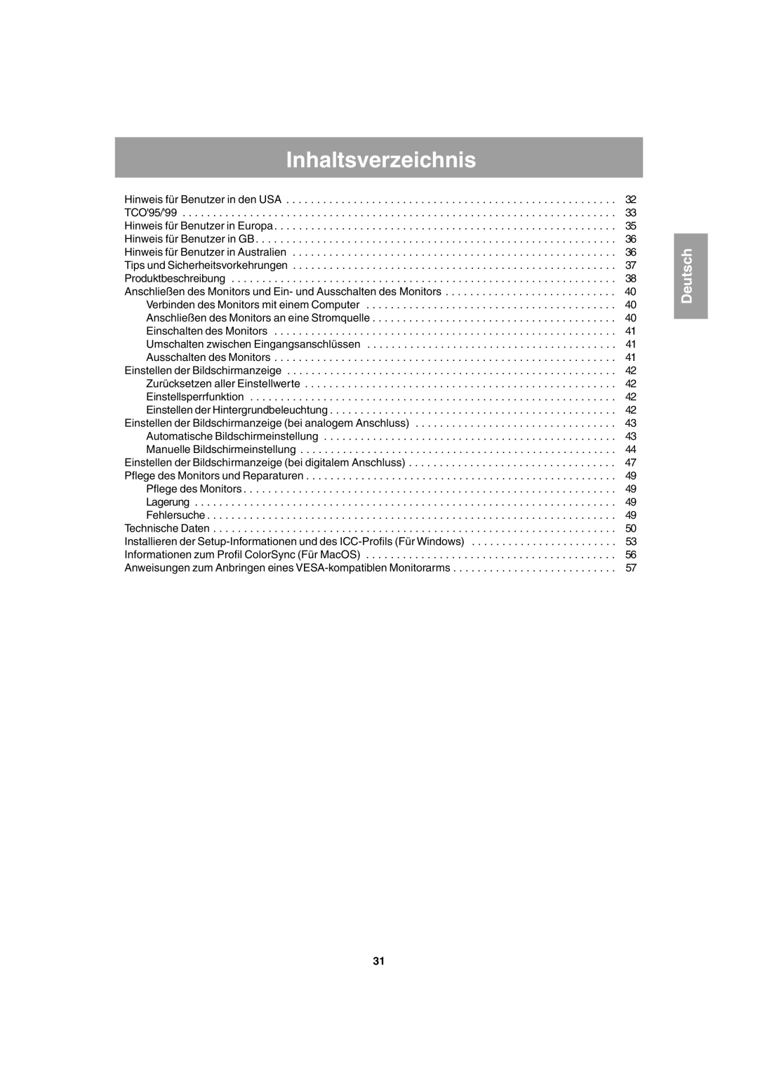 Sharp LL-T1803-H operation manual Inhaltsverzeichnis 