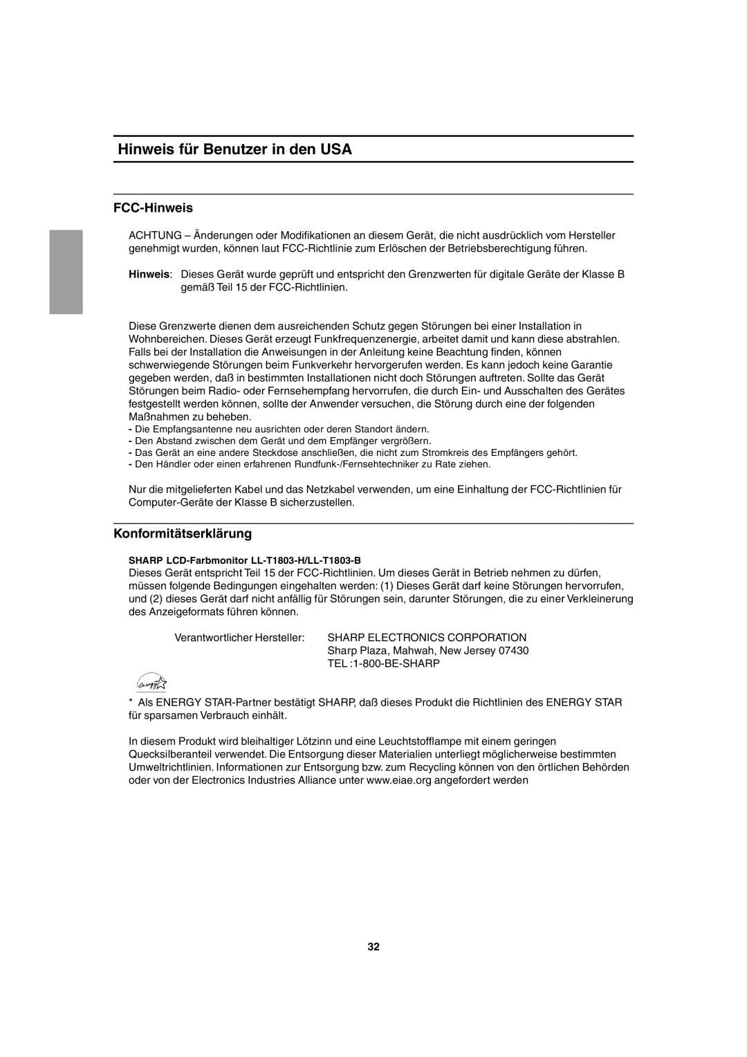 Sharp LL-T1803-H operation manual Hinweis für Benutzer in den USA, FCC-Hinweis, Konformitätserklärung 