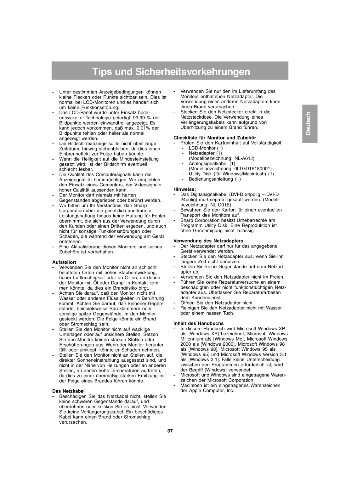 Sharp LL-T1803-H operation manual Tips und Sicherheitsvorkehrungen 