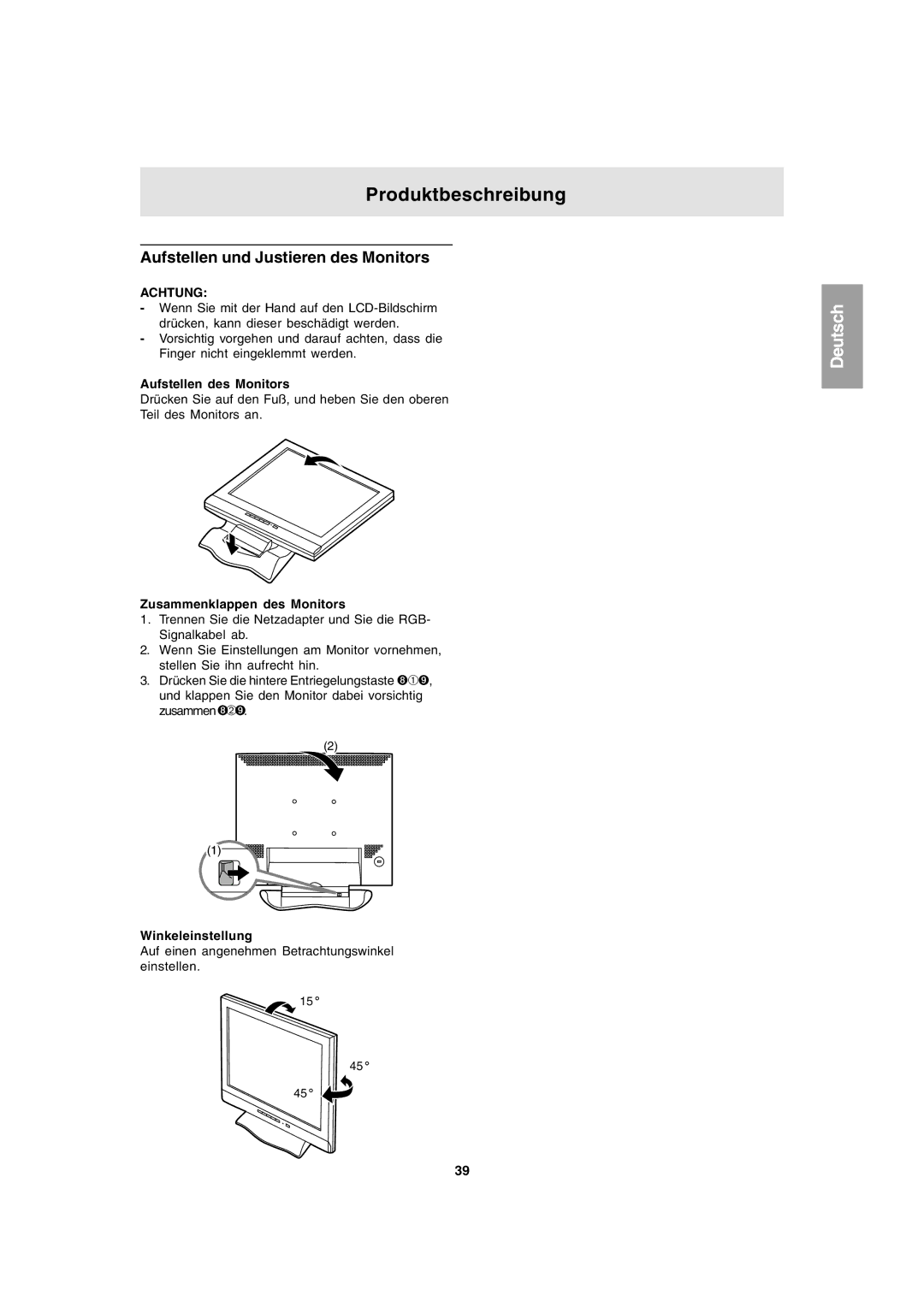 Sharp LL-T1803-H operation manual Produktbeschreibung, Aufstellen und Justieren des Monitors, Achtung 