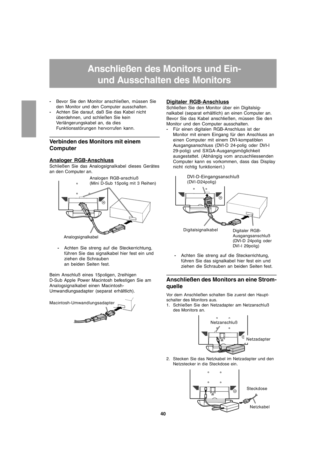 Sharp LL-T1803-H operation manual Verbinden des Monitors mit einem Computer, Anschließen des Monitors an eine Strom- quelle 