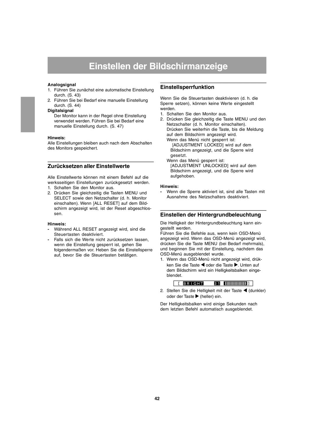 Sharp LL-T1803-H operation manual Einstellen der Bildschirmanzeige, Zurücksetzen aller Einstellwerte, Einstellsperrfunktion 