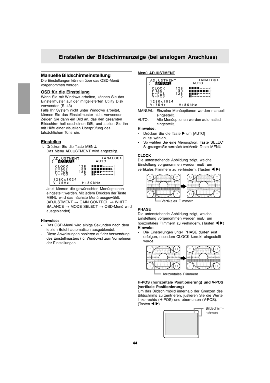 Sharp LL-T1803-H Einstellen der Bildschirmanzeige bei analogem Anschluss, Manuelle Bildschirmeinstellung, Menü Adjustment 