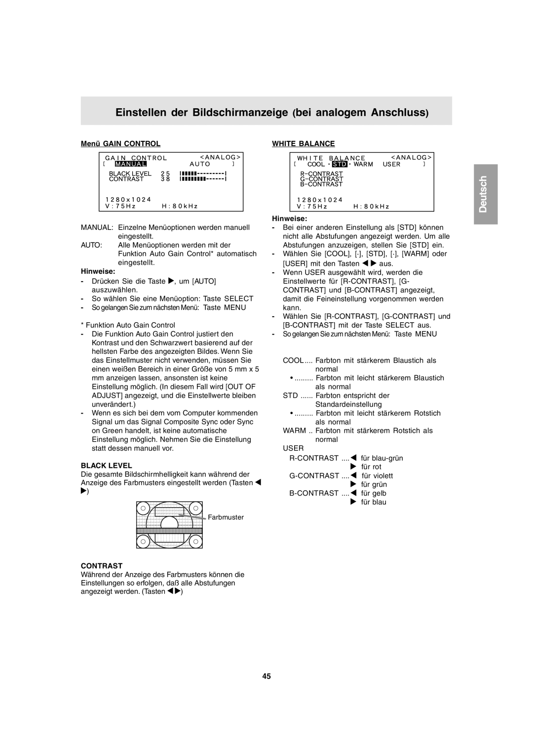 Sharp LL-T1803-H operation manual Menü Gain Control, White Balance 