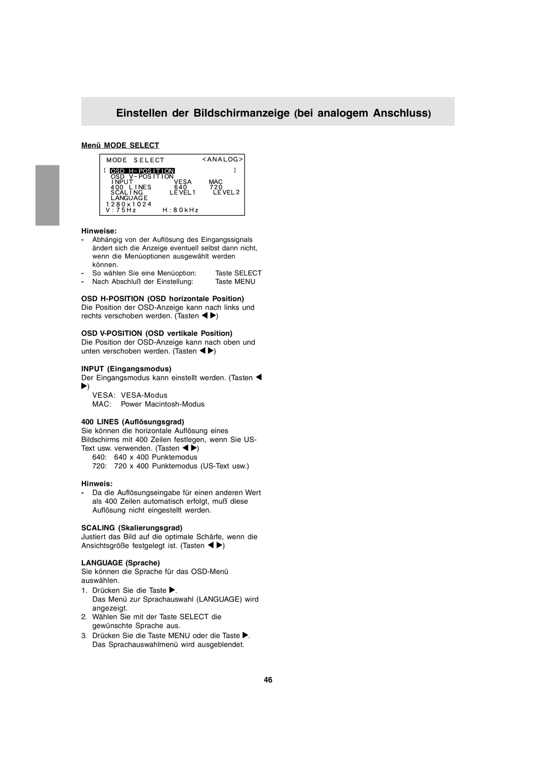 Sharp LL-T1803-H Menü Mode Select Hinweise, OSD V-POSITION OSD vertikale Position, Input Eingangsmodus, Language Sprache 