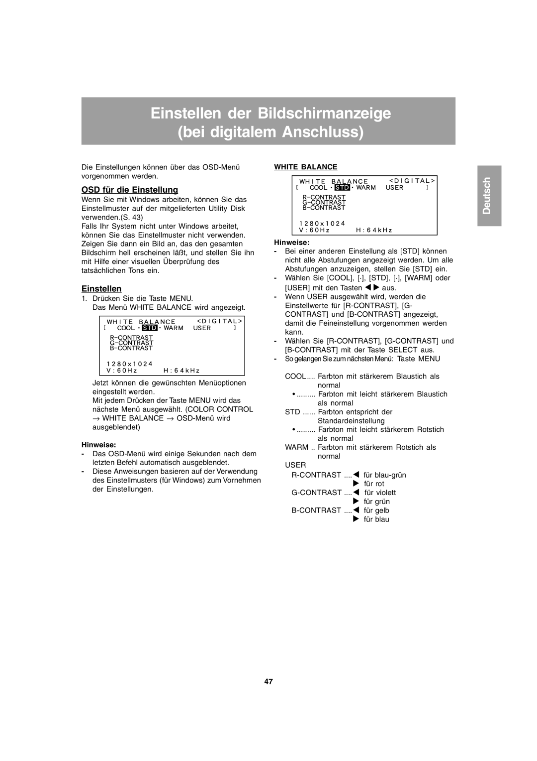 Sharp LL-T1803-H operation manual Einstellen der Bildschirmanzeige Bei digitalem Anschluss, OSD für die Einstellung 