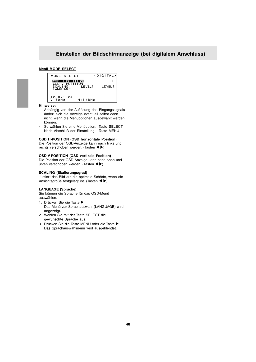 Sharp LL-T1803-H operation manual Einstellen der Bildschirmanzeige bei digitalem Anschluss 