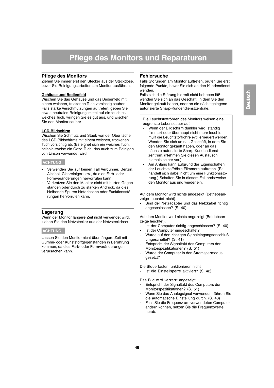 Sharp LL-T1803-H operation manual Pflege des Monitors und Reparaturen, Lagerung, Fehlersuche 