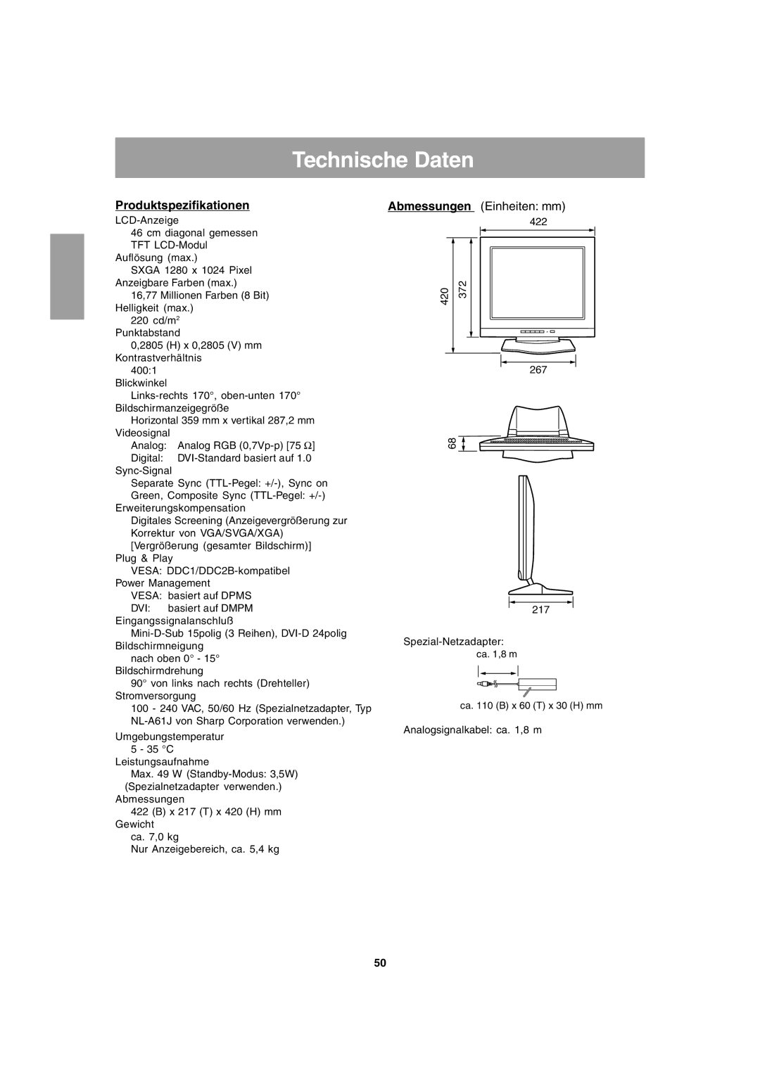 Sharp LL-T1803-H operation manual Technische Daten, Produktspezifikationen 