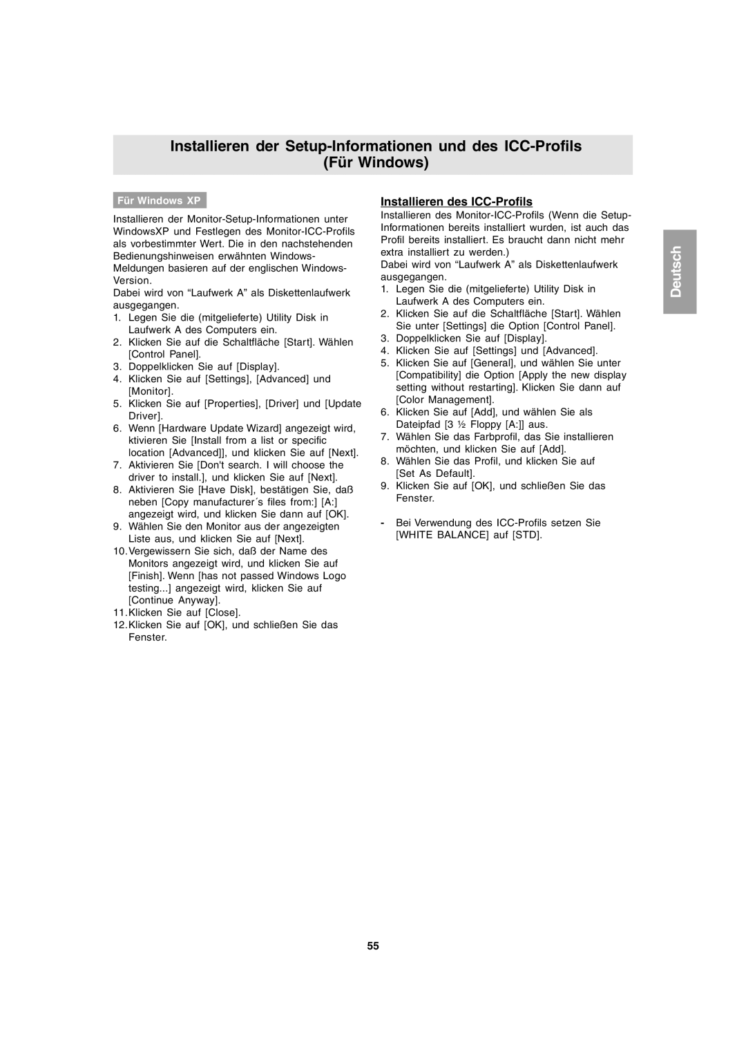 Sharp LL-T1803-H operation manual Installieren des ICC-Profils, Für Windows XP 