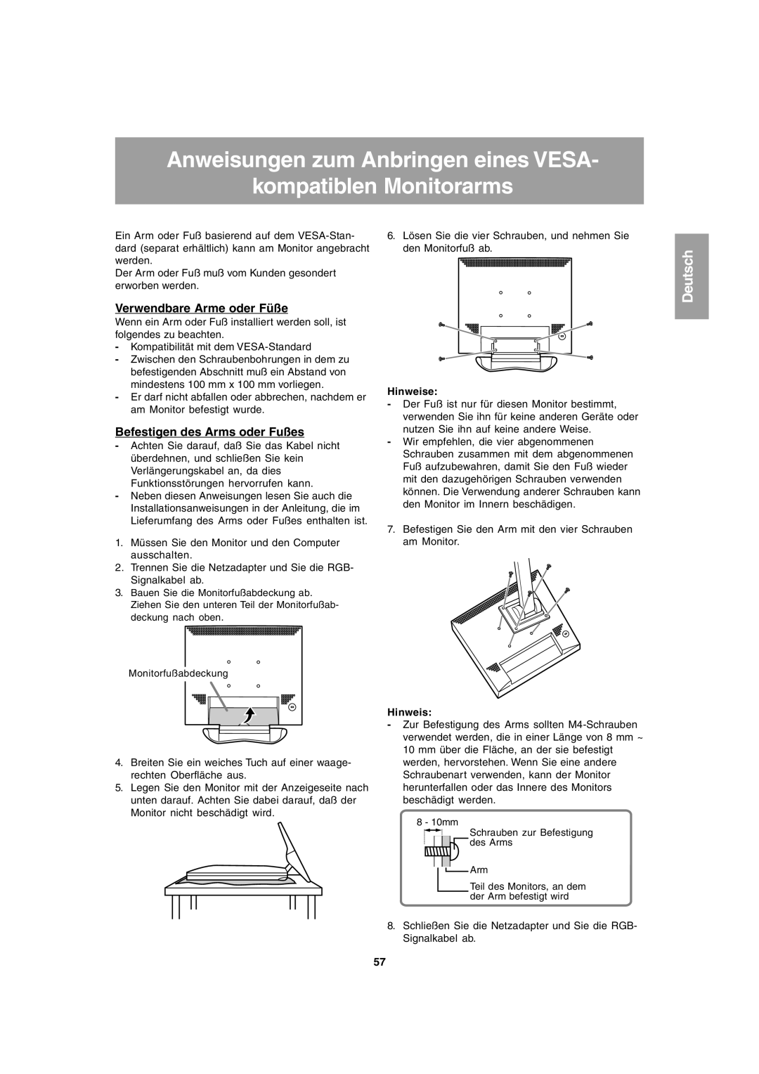 Sharp LL-T1803-H operation manual Verwendbare Arme oder Füße, Befestigen des Arms oder Fußes 