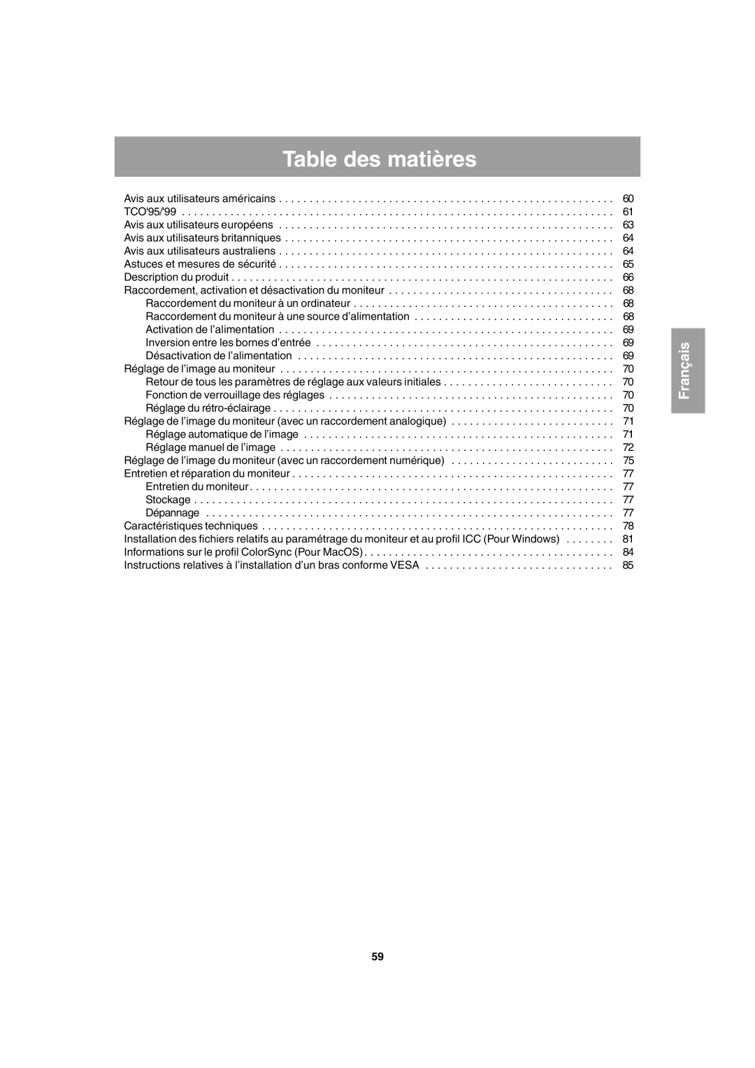 Sharp LL-T1803-H operation manual Table des matières 