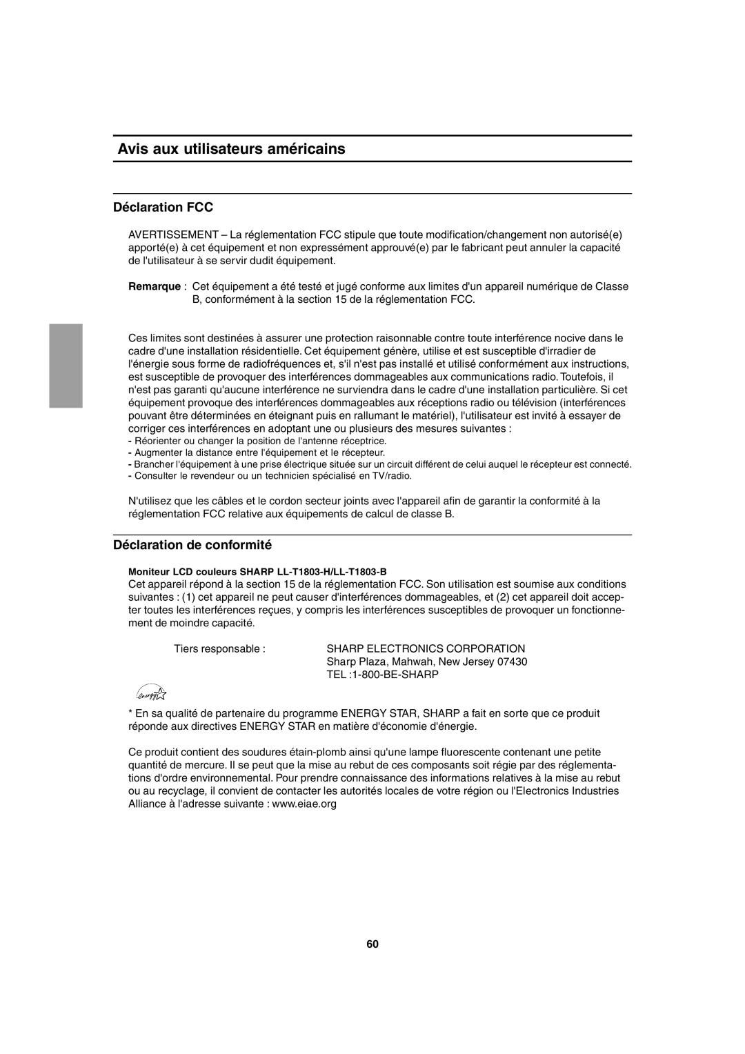 Sharp LL-T1803-H operation manual Avis aux utilisateurs américains, Déclaration FCC, Déclaration de conformité 