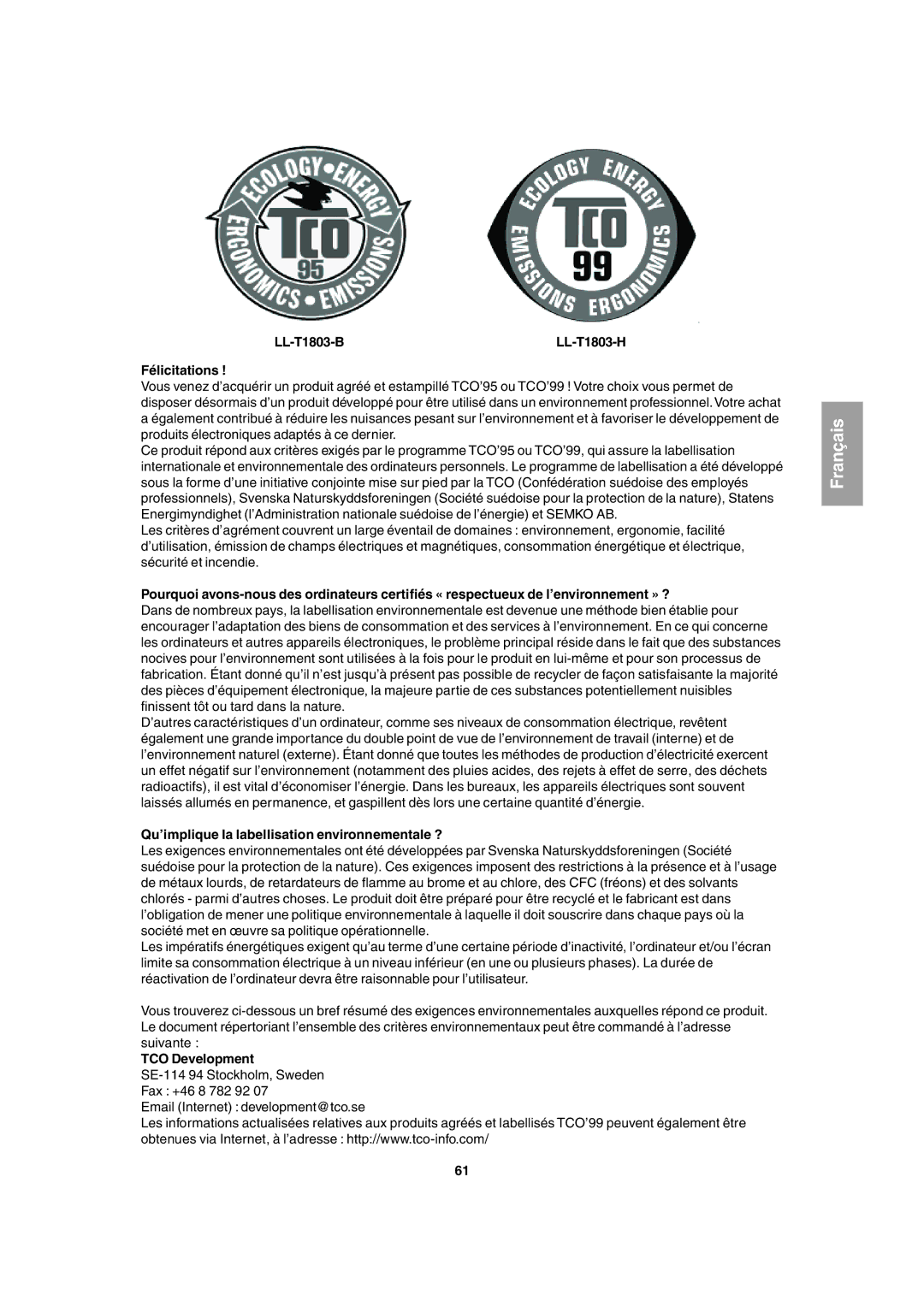 Sharp operation manual LL-T1803-B LL-T1803-H Félicitations, Qu’implique la labellisation environnementale ? 