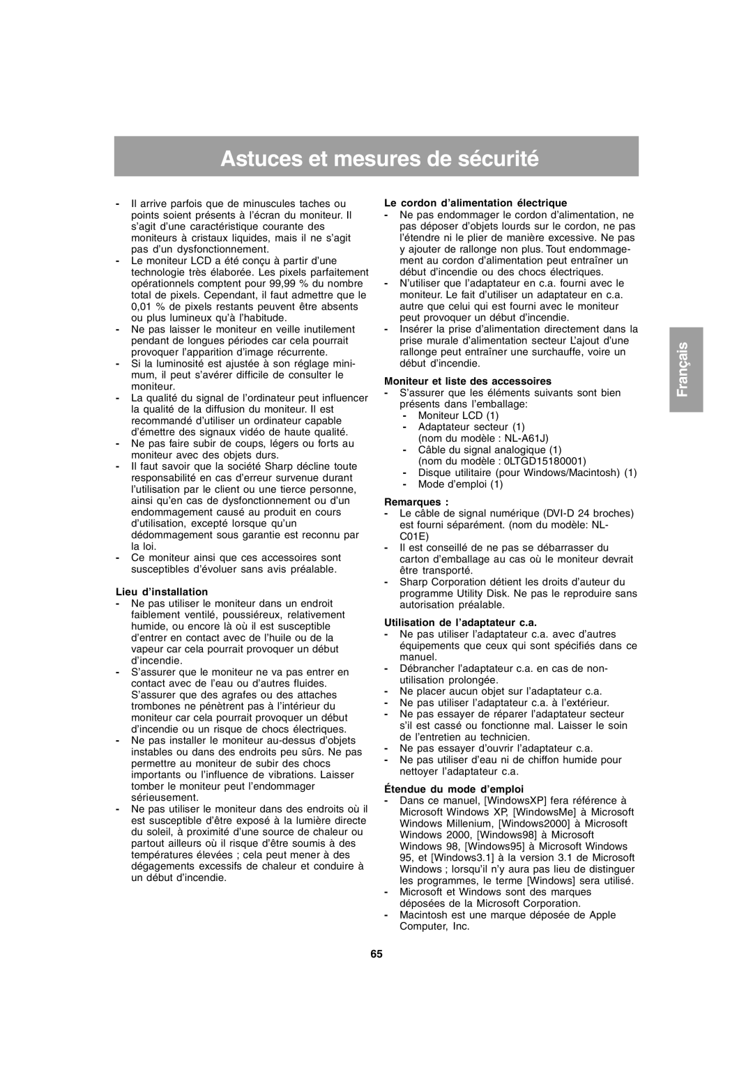 Sharp LL-T1803-H operation manual Astuces et mesures de sécurité 