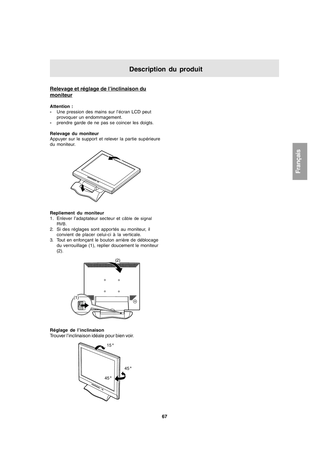 Sharp LL-T1803-H Description du produit, Relevage et réglage de l’inclinaison du moniteur, Relevage du moniteur 