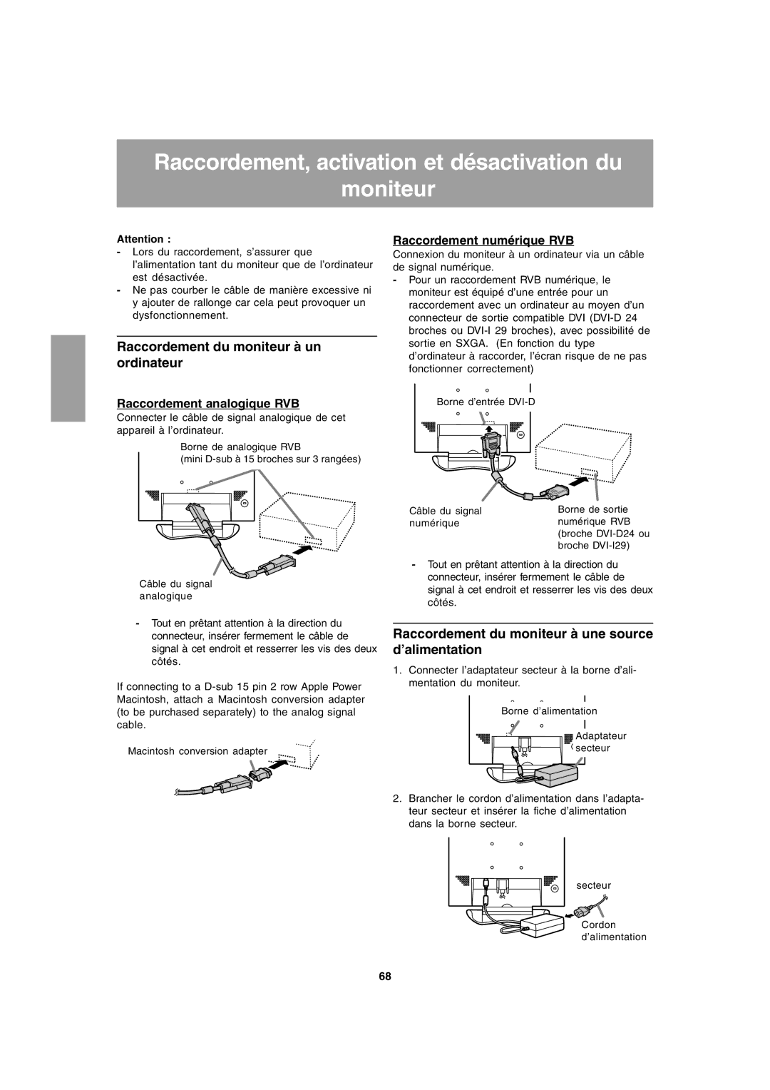 Sharp LL-T1803-H Raccordement, activation et désactivation du Moniteur, Raccordement du moniteur à un ordinateur 